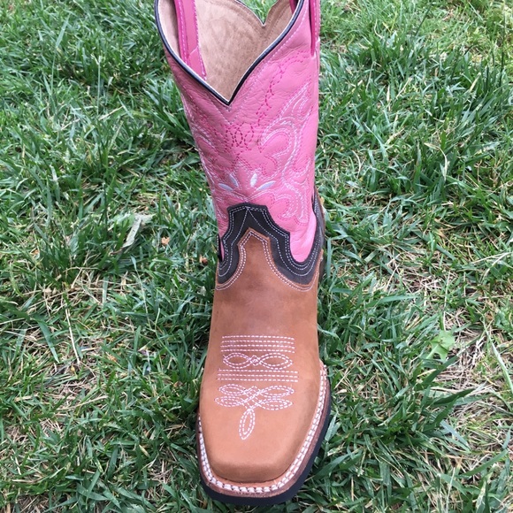 Women’s Cowgirl Rodeo Leather Boots Tan & Pink Color Bota dama Vaquera Rosa 950 - Picture 2 of 7